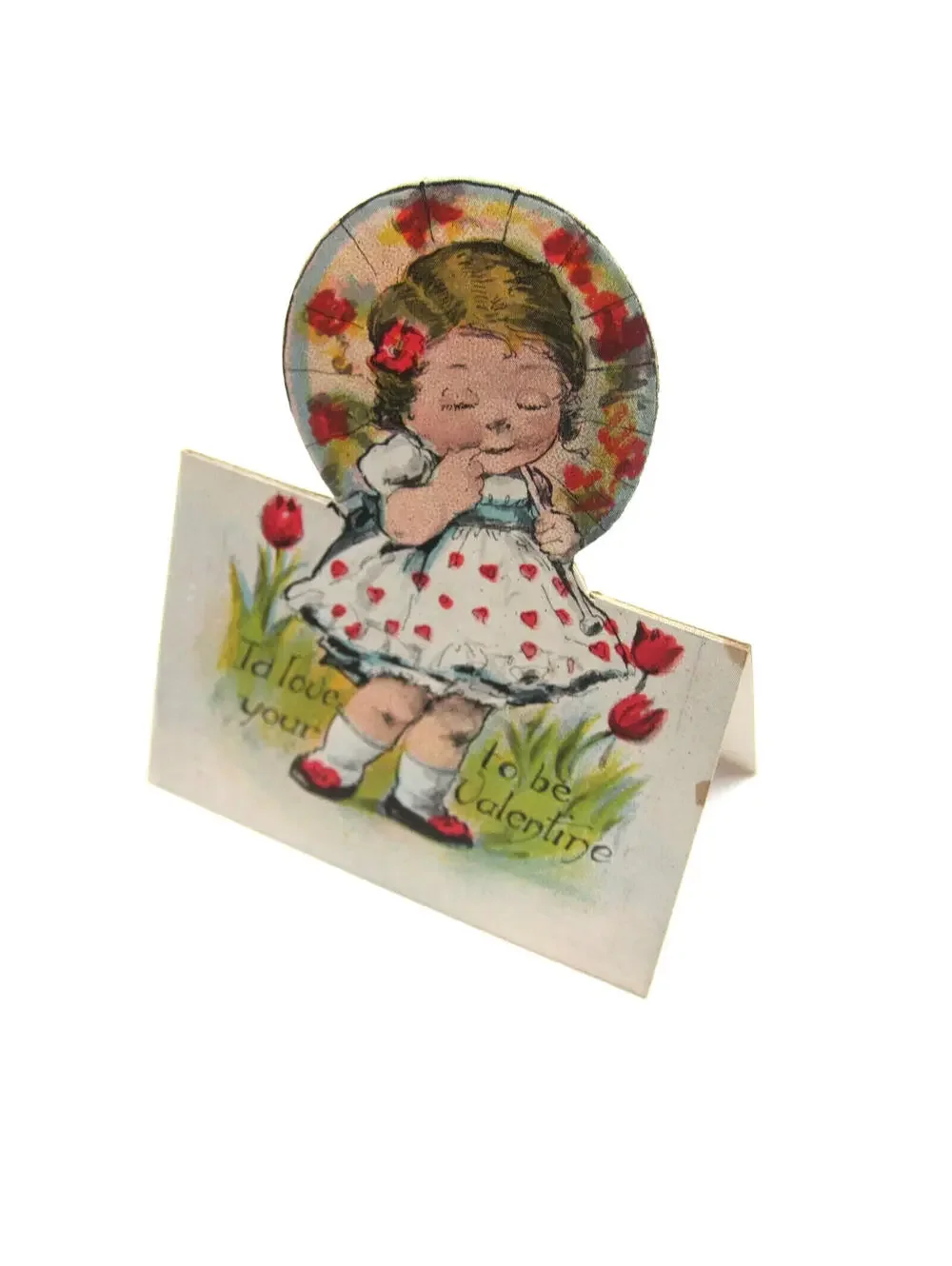 Vintage Valentine Cutout Card Stand Up Blonde Girl Parasol 1920s-30s UNSIGNED